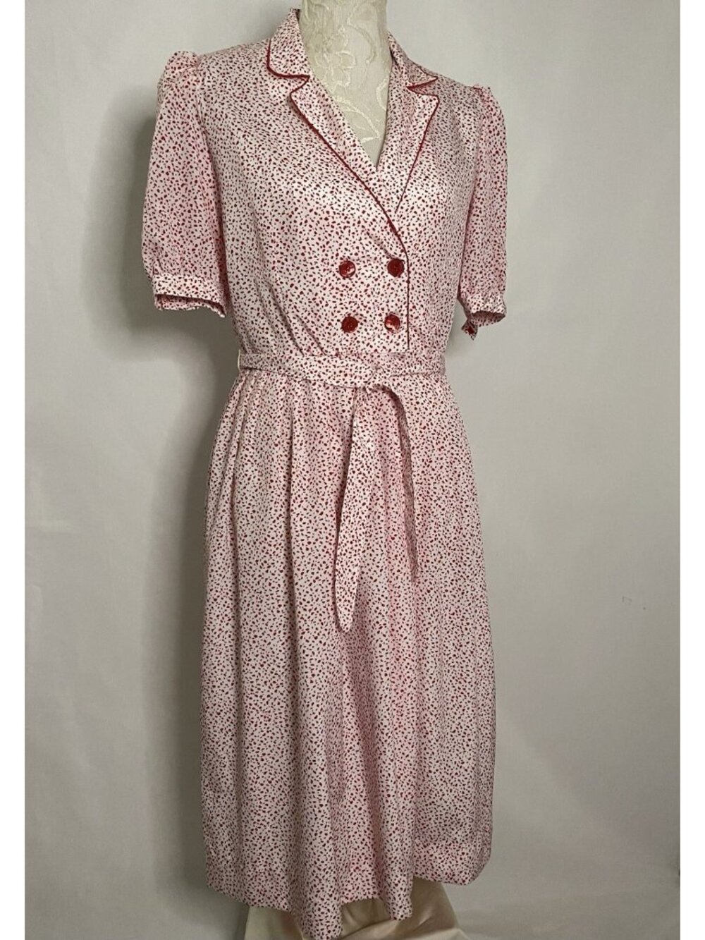 Vintage Leslie Fay Dress Size 10 Red White Puff Sleeve Belted Midi 80s Retro